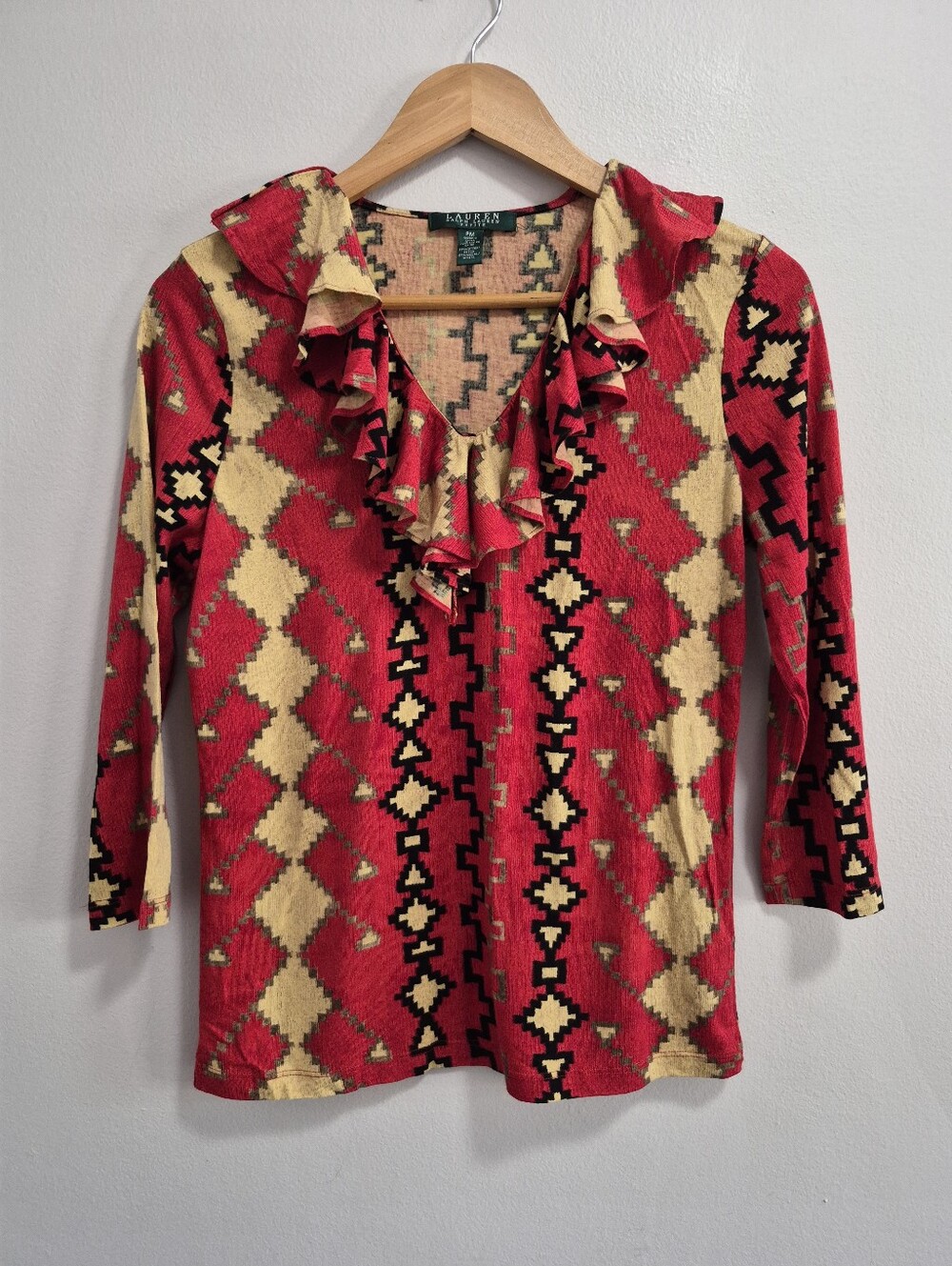 Lauren Ralph Lauren Southwest Aztrc Ruffle Blouse Top Size Petite Medium